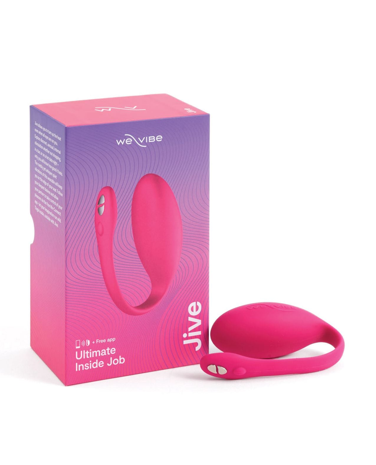 Photo of the front of the box for the Jive from We-Vibe (pink) with the toy beside it.