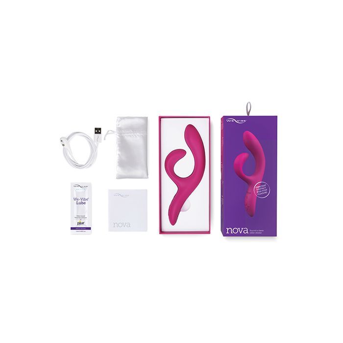 Image shows what comes with the Nova 2 (fuchsia): USB magnetic charging cord, pjur lube sample, satin storage bag, instruction manual, and toy.