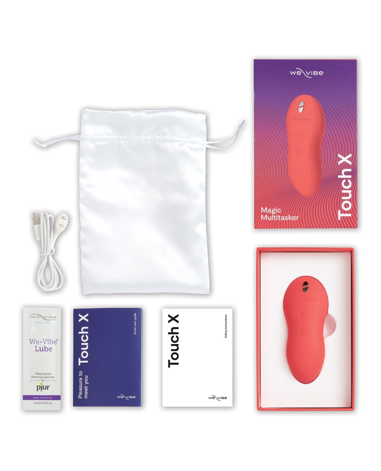 Image of what comes with the Touch X: satin storage bag, instruction manual, magnetic USB charging cord, pjur lube sample, and the toy (coral).