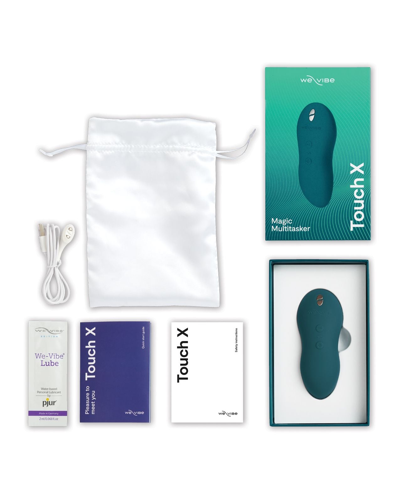 Image of what comes with the Touch X: satin storage bag, instruction manual, magnetic USB charging cord, pjur lube sample, and the toy (velvet green).