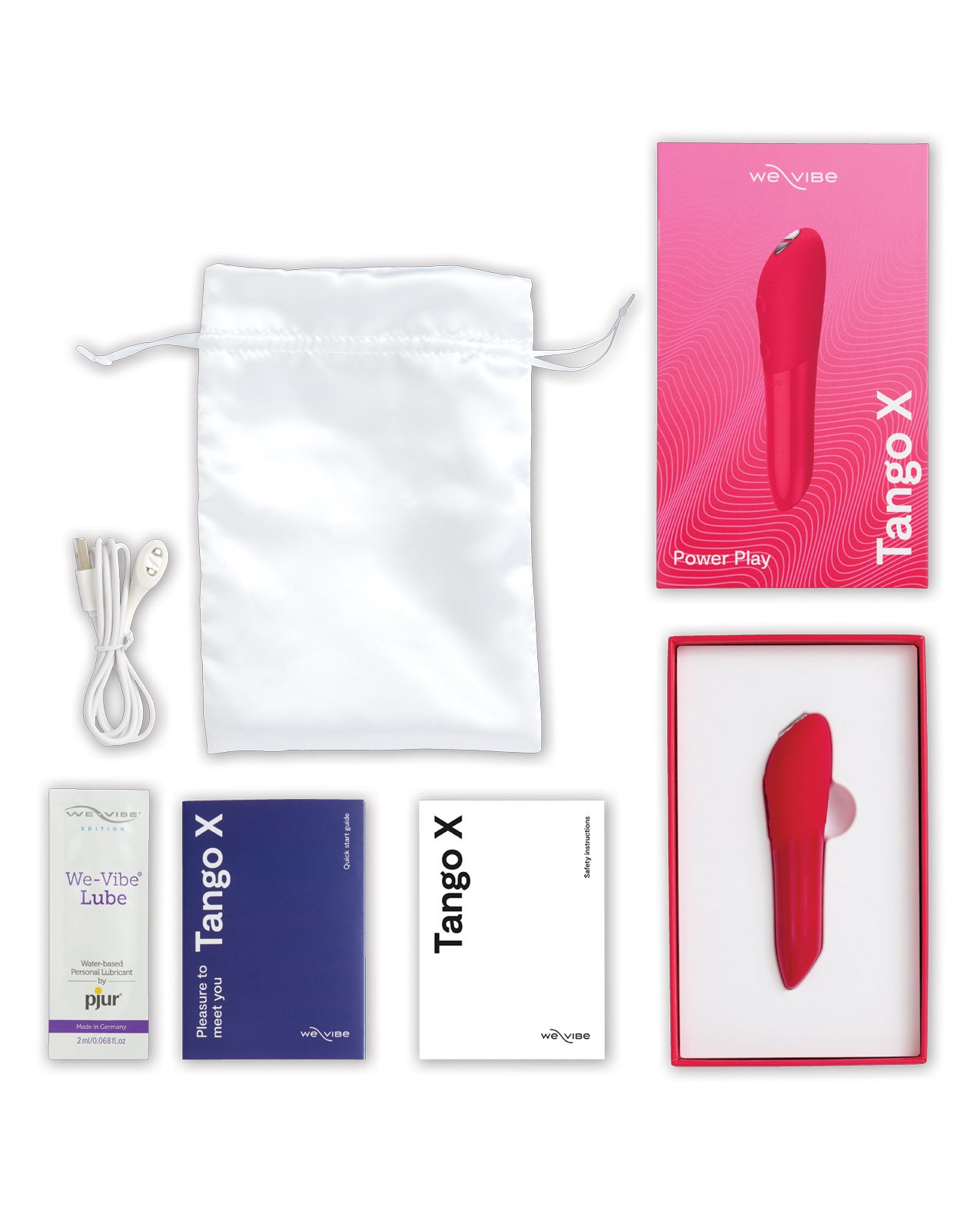 Image shows what comes with the Tango X: vibrator, satin storage bag, magnetic USB charging cord, pjur lube sample, and instruction manual (cherry red).
