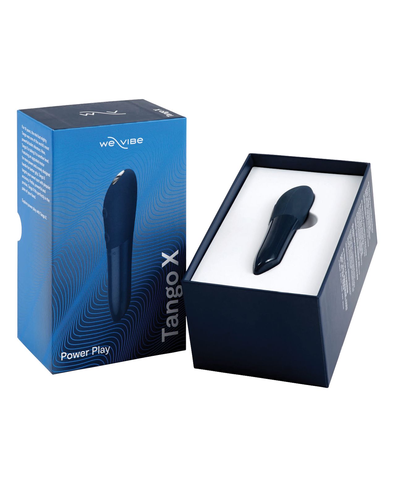 We-Vibe Tango X (midnight blue) in box with the lid off.