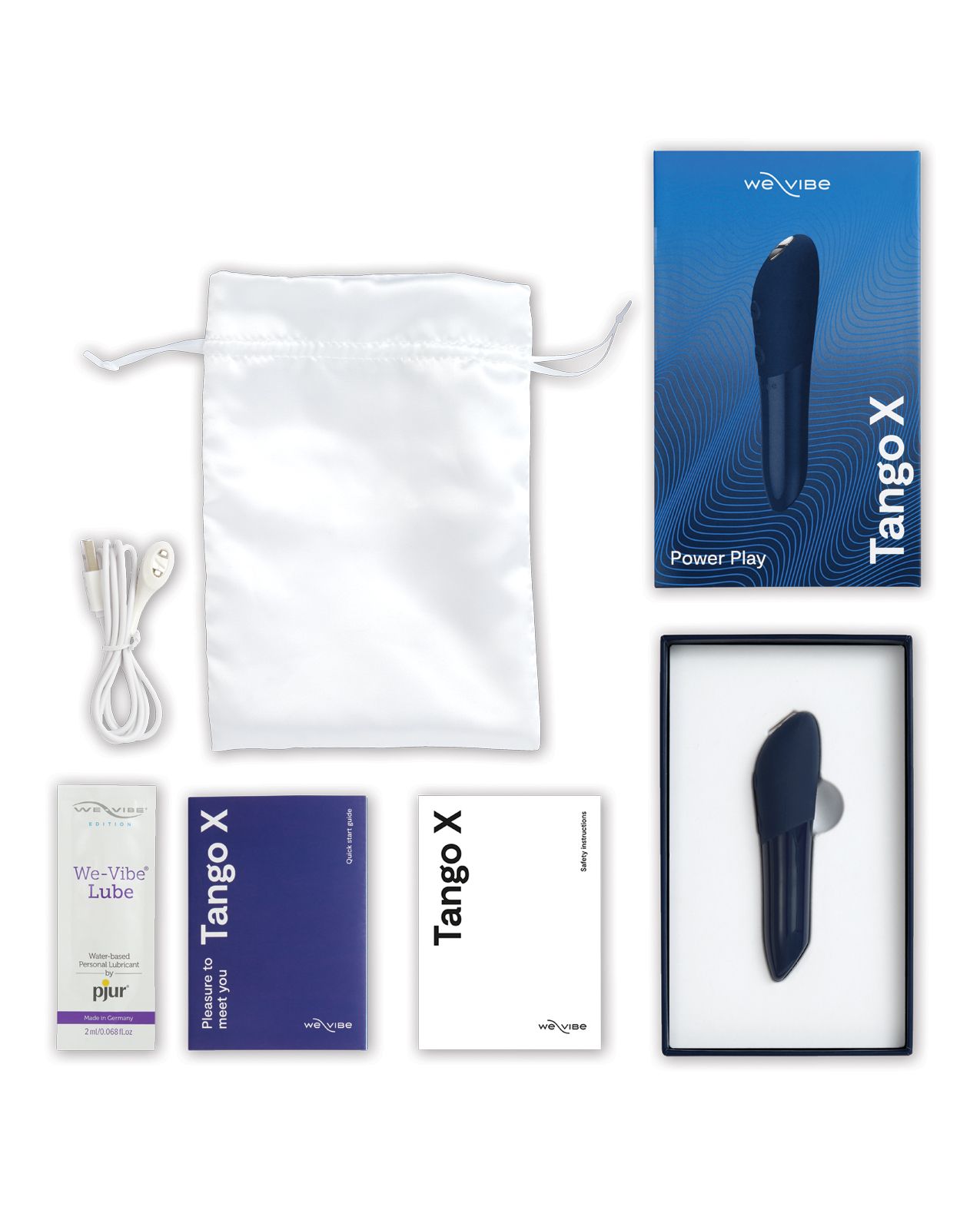 Image shows what comes with the Tango X: vibrator, satin storage bag, magnetic USB charging cord, pjur lube sample, and instruction manual (midnight blue).