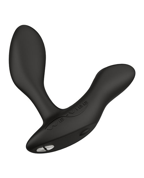 Overhead  side view of the prostate toy showing its magnetic charging port as well as its curved and bulbus head for proper prostate stimulation (black).