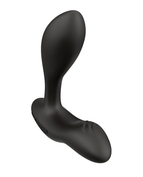 Top down side angle view of the prostate stimulator showing its ergonomic shape for maximum comfort and pleasure (black).
