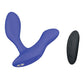 Overhead  side view of the prostate toy showing its magnetic charging port as well as its curved and bulbus head for proper prostate stimulation. The remote is next to it showing the power and control buttons (royal blue).