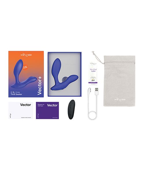 Image shows what comes with the Vector+: toy, remote control, magnetic USB charging cord, instructions manual, pjur lube sample, and satin storage bag (royal blue).