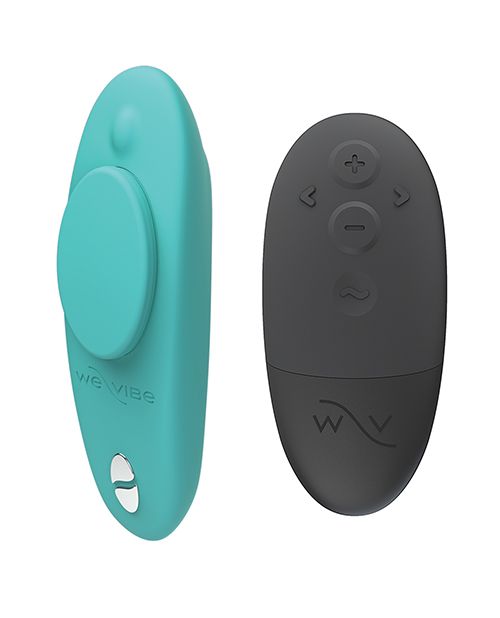Up-right image of the Moxie + panty vibe and remote. Image shows the power button, stay-put magnet, and charging pins on the vibrator, as well as the control buttons on the remote.