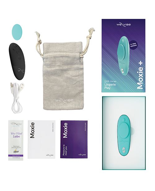 Photo shows everything that comes with the Moxie + (aqua): vibe, remote, satin storage bag, pjur lube sample, USB charging cord, and instructions.