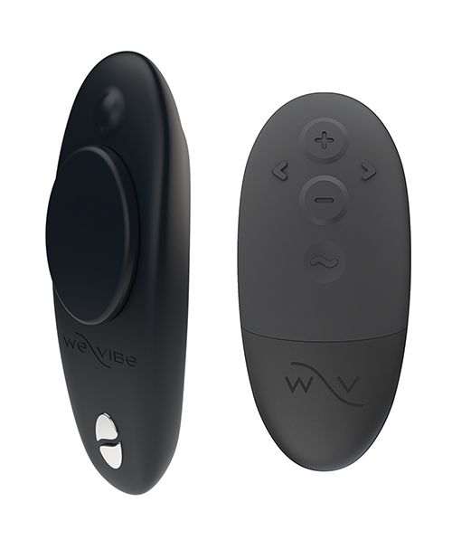 Up-right image of the Moxie + panty vibe and remote. Image shows the power button, stay-put magnet, and charging pins on the vibrator, as well as the control buttons on the remote (black).