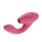 Front side angle view of the Duo showing its clitoral opening, flexible G-spot stimulator, power and control buttons located on the top, hand-held portion of the toy (raspberry).