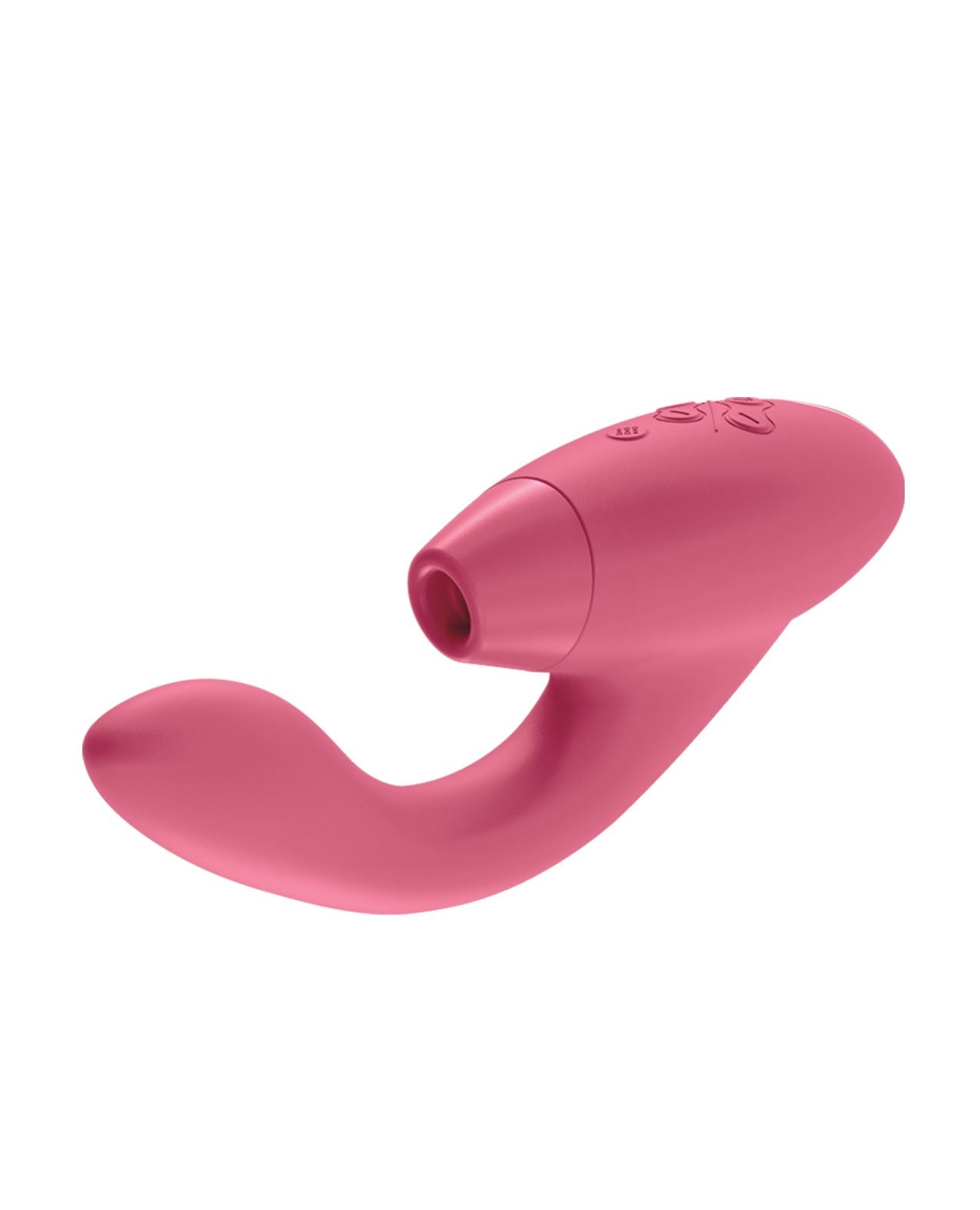 Front side angle view of the Duo showing its clitoral opening, flexible G-spot stimulator, power and control buttons located on the top, hand-held portion of the toy (raspberry).