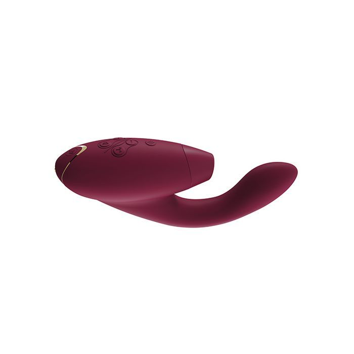 Side top view of the Duo showing its ergonomic shape, curve of the G-spot stimulator, as well as the power and control buttons on the top (bordeaux).