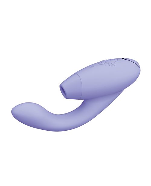 Side angle shot of the Womanizer Duo 2, from Wow Tech, shows its flexible G-spot stimulator, large clitoral stimulator, and easily accessible control buttons (lilac).