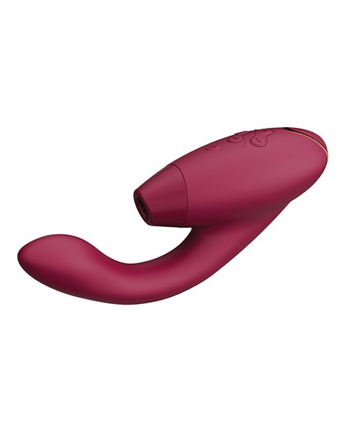 Side angle shot of the Womanizer Duo 2, from Wow Tech, shows its flexible G-spot stimulator, large clitoral stimulator, and easily accessible control buttons (bordeaux).