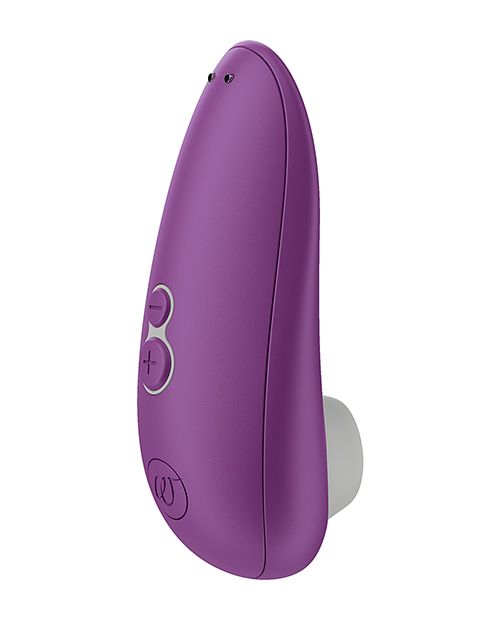 Up-right image of the toy showing its magnetic charging pins as well as the control buttons and ergonomic shape (violet).