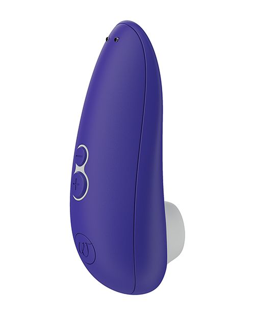 Up-right image of the toy showing its magnetic charging pins as well as the control buttons and ergonomic shape (indigo).