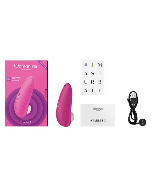 Image shows what comes with the Starlet 3: air pulse toy, instruction manual, magnetic USB charging cord (pink).