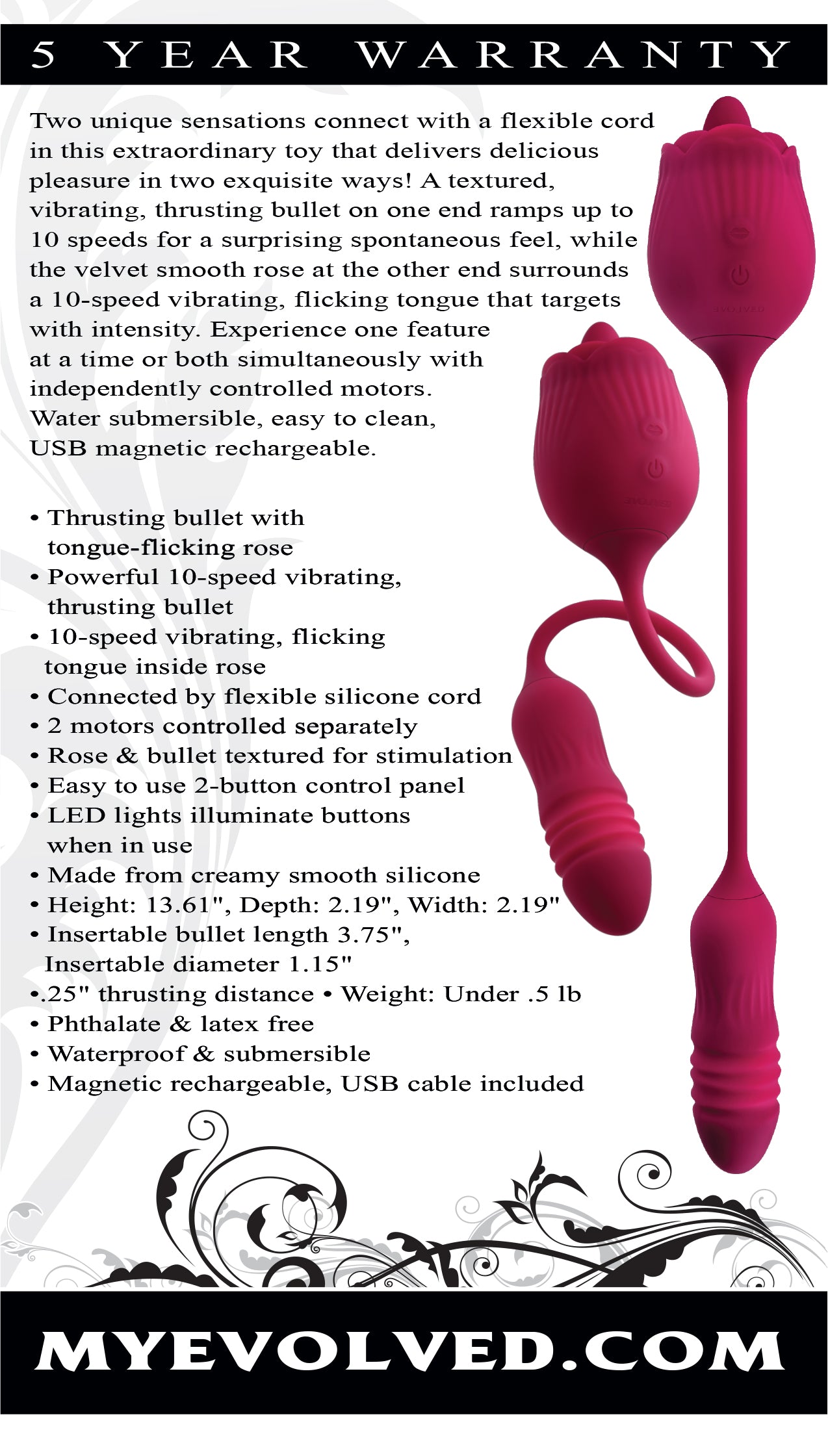 Back of the box of the Wild Rose Rechargeable Silicone Clitoral Stimulator from Evolved.