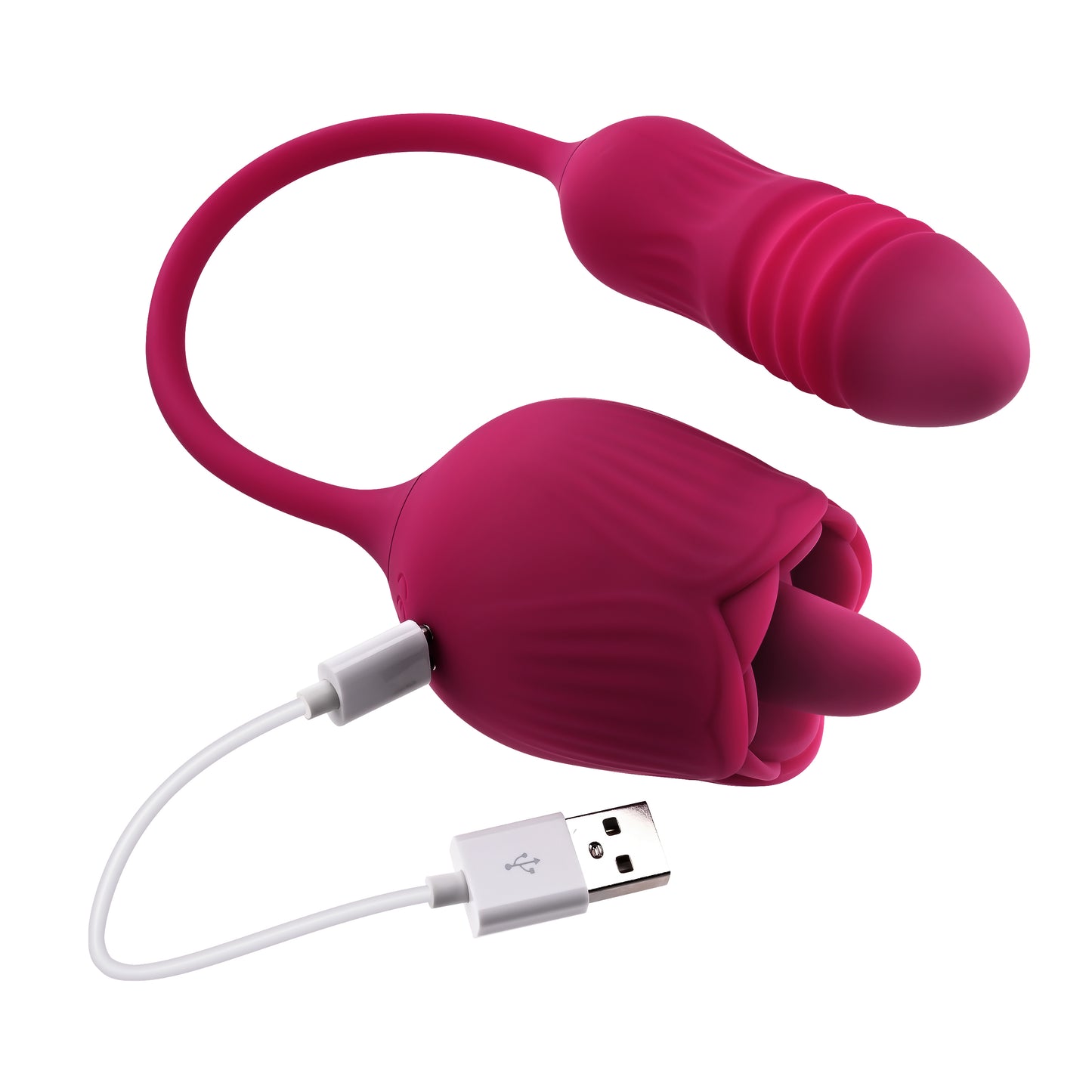 Image shows the magnetic charging cord attached to the Wild Rose Rechargeable Silicone Clitoral Stimulator from Evolved.