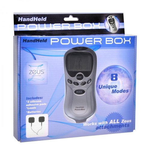 Zeus Electrosex Handheld Power Box with 8 Modes and Digital Display in package.