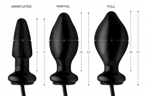 Image shows measurements of 3 stages of the toy: uninflated, partially inflated, and fully inflated.