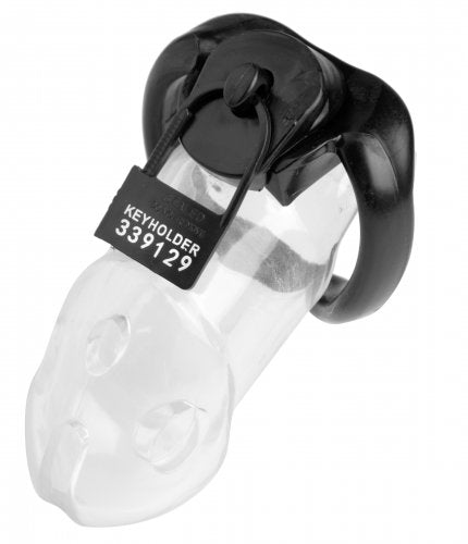 Image of one of the plastic chastity locks being used on a clear acrylic cock cage.