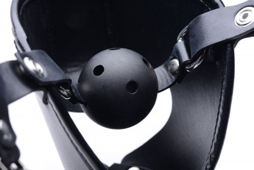 Image shows the inside of the mask and the breathable ball gag that is connected to the mouth portion.