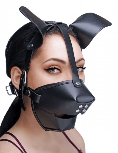 Left side angle view of a woman wearing the puppy mask.