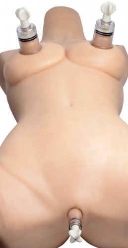 Rubber doll with both of the nipple suckers and the clitoral sucker attached.