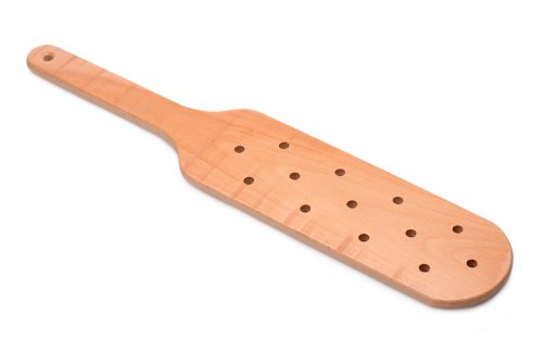 Side angle view of the wooden paddle.