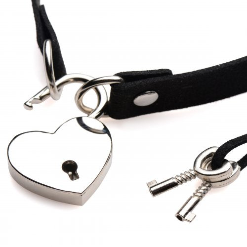 Close-up of the heart lock open and the 2 keys next to it.
