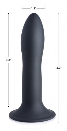 Up-right image of the dildo showing the measurements: 4.8in insertable, 5.3in total length, 1.2in diameter.