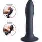Image of the toy (black) with two smaller images next to it showing that it is bendable and squeezable.
