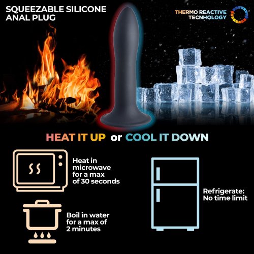 Image shows that the dildo is able to be warmed and cooled. It shows a microwave and a pot of boiling water for warming, and a refrigerator for cooling.