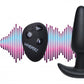 Photo of the vibrating plug and remote with added illustrations of a mouth and lines showing that the tone and vocal inflection can control the remote which can control the plug.