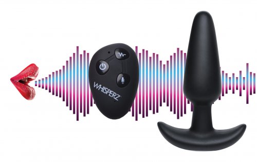 Photo of the vibrating plug and remote with added illustrations of a mouth and lines showing that the tone and vocal inflection can control the remote which can control the plug.