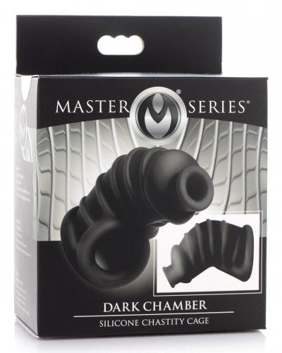 Master Series Dark Chamber Silicone Chastity Cage in package.