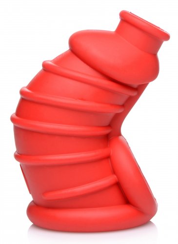 Up-right side view of the Crimson Chamber Silicone Chastity Cage (red) white background.