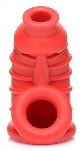 Front up-right view of the underside of the chastity cage. This shows the holes for the testicles as well as the tip of the penis.