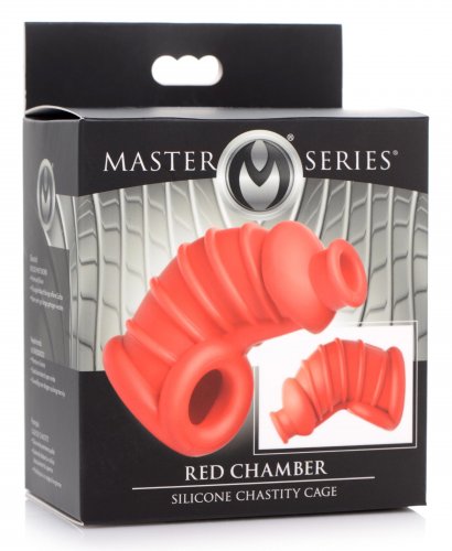 Master Series Red Chamber Silicone Chastity Cage in package.