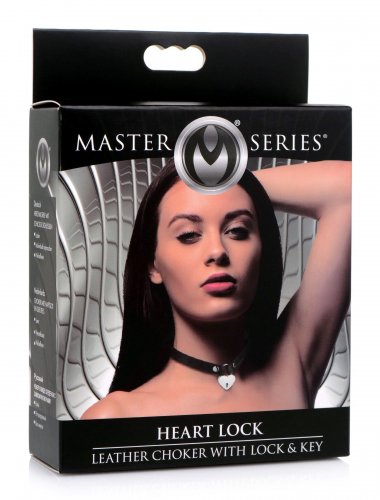 Master Series Heart Lock Leather Choker w/ Lock and Key in package.