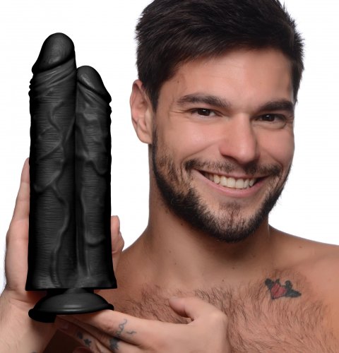 Man holding the "black" version of this double stuffer dildo.