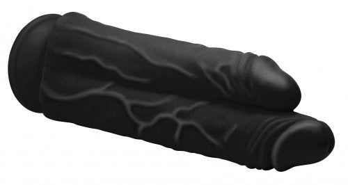 Front side angle of the double dildo showing the textured veins (black).