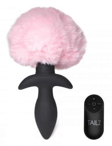 Front facing photo of the pink bunny tail plug and remote control.