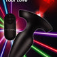 Image shows the laser end of the butt plug shining the words "Fuck Me" on a black and colored laser light background.  The remote control is beside the plug. 