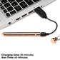 Image shows the rose gold version of this necklace with its USB charging cord attached and plugged into a laptop, showing the user how to charge the toy. It also notes that the charging time is 30mins and the run time is 40mins. 