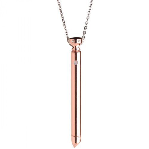 Close up image of the rose gold version of this necklace with a white background.