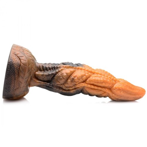 Side view image of the dildo that includes the base to note its thickness, as well as the twisted and rippled shape of this fantasy dildo.