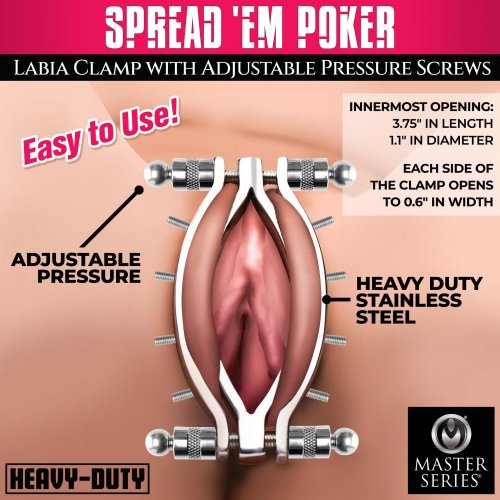 Spread 'Em Poker ad featuring: labia clamp with adjustable pressure screws, easy to use, heavy duty, stainless steel, and dimensions mentioned on the description page.